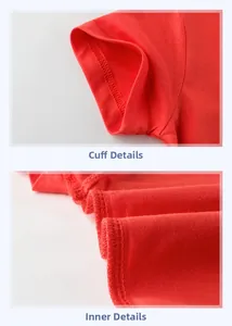 Detailed close-up of red cotton T-shirt showing sleeve cuff stitching and inner seams