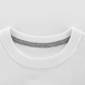 Close-up of the ribbed crew neck and gray reinforced seam on white cotton kids' T-shirt