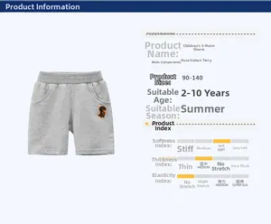 Detail view of cotton shorts for boys featuring gray fabric and dinosaur embroidery