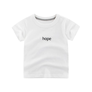 Kids white cotton short sleeve T-shirt with black hope print and grey neckline detail