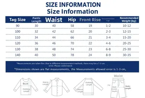 Detailed size chart for kids cartoon bear shorts featuring measurements for ages 1 to 9