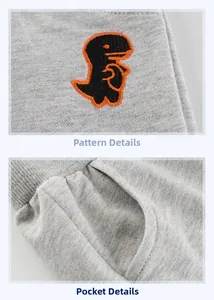 Detail of gray knit boys shorts showing dinosaur embroidery and side pocket structure