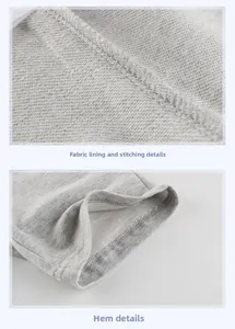 Detail of gray cotton fabric showing French terry lining and fine flatlock stitching