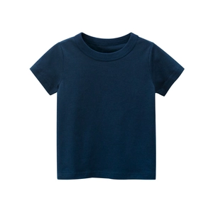 Basic kids round neck short sleeve T-shirt in solid navy blue pure cotton fabric