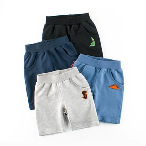 Boys Casual Shorts 100% Cotton Knit Summer Bottoms Dinosaur Embroidery Cartoon Pattern Elastic Waist For Toddler Kids