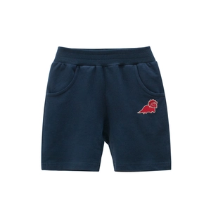 Kids navy blue knit shorts featuring red dinosaur embroidery and elastic waist