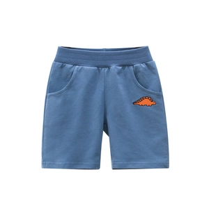 Boys' blue cotton knit shorts featuring an orange stegosaurus embroidery on a white background