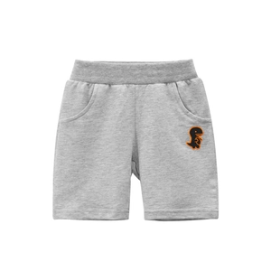 Boys gray cotton knit casual shorts with elastic waist and orange dinosaur patch