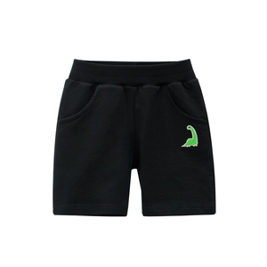Boys black cotton knit shorts with green cartoon dinosaur embroidery on the leg