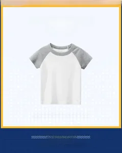 Detail of kids short sleeve t-shirt with raglan sleeves in white and grey cotton