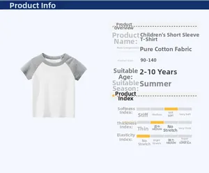 Detail of raglan short sleeve kids t-shirt in white and gray cotton with size charts