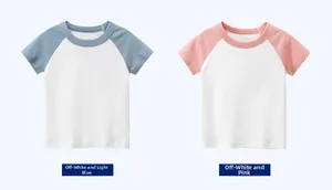 Close-up of raglan short-sleeve kids T-shirts in soft cotton with color-block stitching