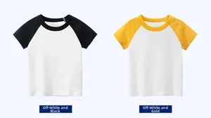 Close-up of kids raglan short sleeve t-shirts in cream-black and cream-gold color variants