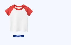 Detail of raglan sleeves on cotton kids t-shirt in beige and red color contrast