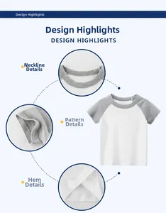 Detail view of cotton kids raglan tee with white body, grey sleeves and round neckline