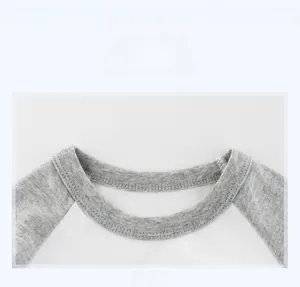 Detail view of the ribbed neckline on a grey and white raglan cotton t-shirt