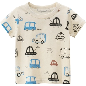 T-shirt in cotone a maniche corte da bambino con stampe di auto su sfondo crema