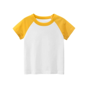 Short-sleeved raglan t-shirt for kids in white with bright yellow contrast sleeves