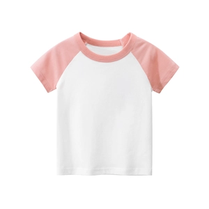 Short sleeve kids T-shirt with pink raglan sleeves and white cotton bodice