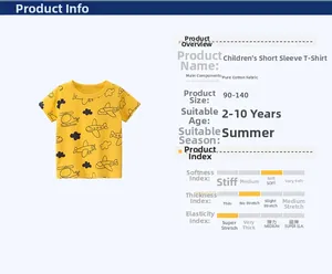 Vue détaillée du t-shirt coton enfant avec imprimé avion et tableau des tailles