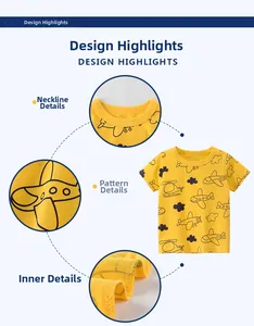 Détails du col d'un t-shirt en coton, de l'imprimé avion et de la couture intérieure