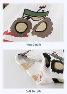 Detail of colorful tractor print and neat cuff stitching on white cotton kids T-shirt