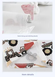 Detail of professional stitching and hemline on kids cotton tractor print t-shirt