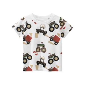 Toddler Kids Cotton T-Shirt Short Sleeve Round Neck Cartoon Truck Construction Vehicle Print Korean Style Summer Casual Top