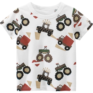 Kids white cotton short sleeve T-shirt with cartoon vehicle all-over print and round neck
