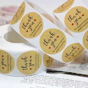 Kraft paper thank you stickers with red heart for business packaging decoration rolls