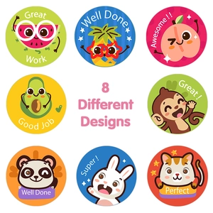 Set di 8 adesivi premio colorati con animali e frutta e messaggi motivazionali inglesi
