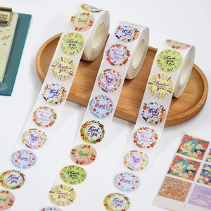 Floral Thank You stickers on a roll, colorful round labels for wedding and gift packaging