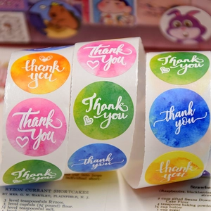 Bunte runde Dankeschön Aufkleber im Aquarell-Stil mit Herz für Geschenkverpackung