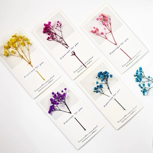 Close-up of handmade cards with colorful dried gypsophila flowers and printed quotes