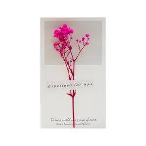 Detailed view of dried flower greeting card with pink gypsophila measuring 8cm by 14cm