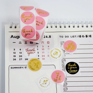 Pink and black round thank you stickers with gold foil for gift packaging and envelopes