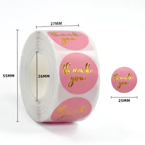 Detail of pink and gold thank you stickers showing roll dimensions and 25mm diameter