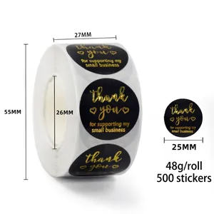 Detail of 25mm black and gold foil thank you stickers for small business packaging