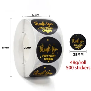 Detailed dimensions of 25mm black and gold Thank You stickers in a 500-count roll