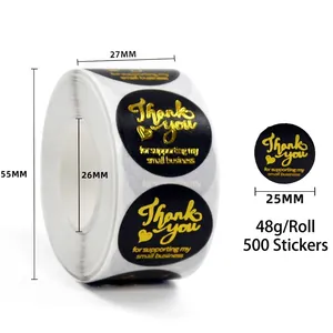 Detail showing dimensions of round black and gold foil thank you business stickers