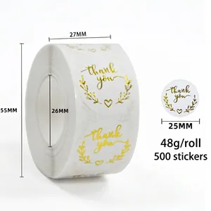 Detail view of 25mm pink and gold thank you labels showing dimensions and 500 piece roll size