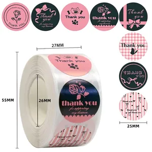 500pcs pink and black round Thank You adhesive labels for gift packaging and box sealing