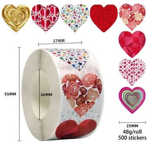 Detail view of heart and star stickers roll showing dimensions 55mm and 500 pieces count