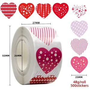 Detailed size specifications for heart-shaped thank you stickers, 500 labels per roll