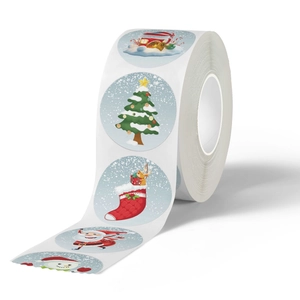 Cartoon Christmas theme roll of round gift label stickers with festive holiday designs