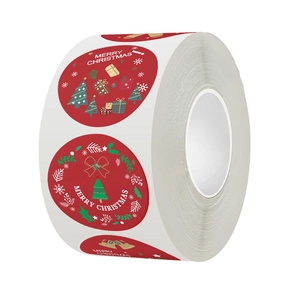 Detail view of a roll of red Merry Christmas stickers with holiday festive patterns