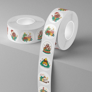 Cute cartoon Christmas stickers roll featuring gingerbread man, snowman and cats