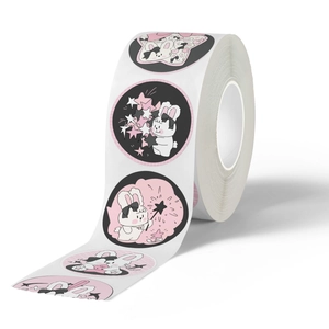 Roll of cute pink cartoon rabbit stickers for gift box packaging and sealing