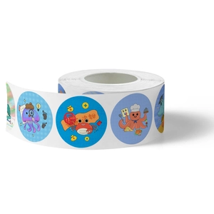 Roll of cartoon marine animal reward stickers with jellyfish and crab patterns