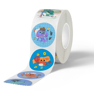 Roll of cartoon animal stickers featuring cute turtle, octopus, and sea creature designs